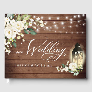 White Roses Rustic Wood Lantern PHOTO Wedding Guest Book