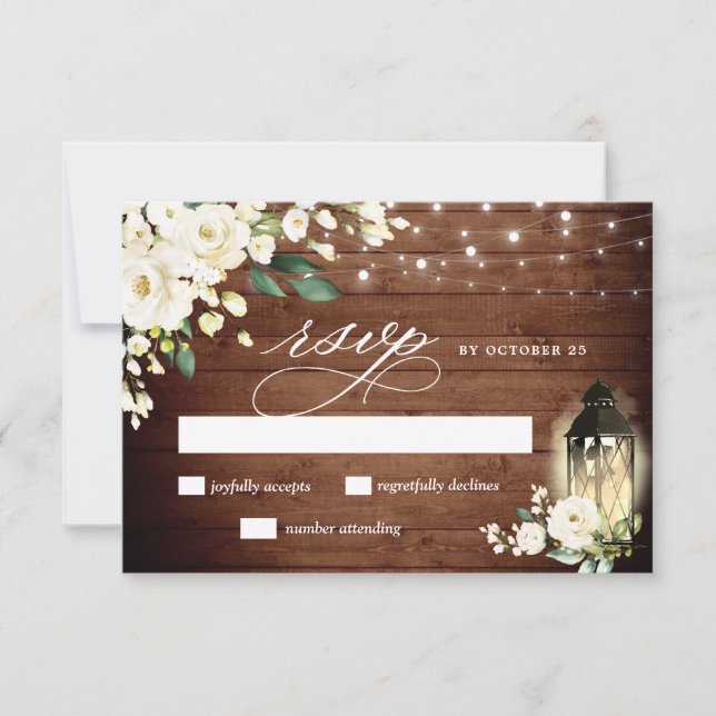 White Roses Rustic Wood Lantern RSVP Card (Front)