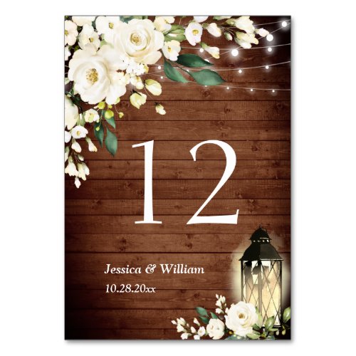White Roses Rustic Wood Lantern Table Number