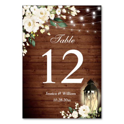 White Roses Rustic Wood Lantern Table Number