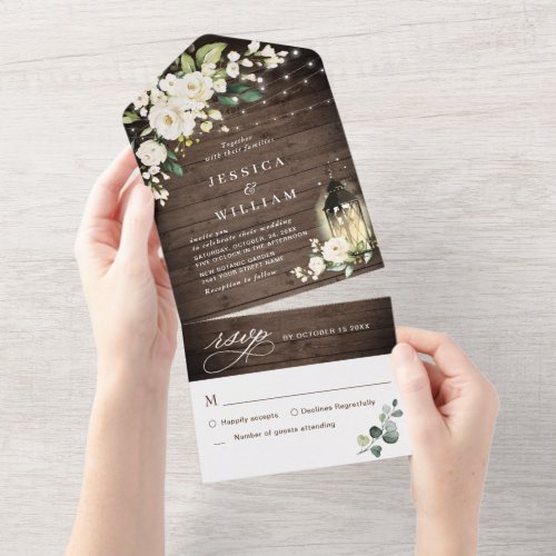 White Roses Rustic Wood Lantern Watercolor Wedding All In One Invitation