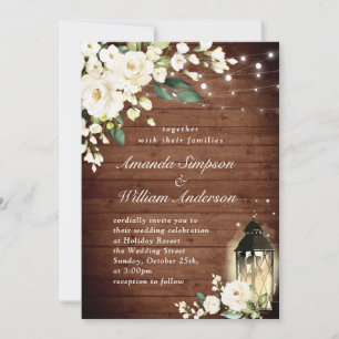 White Roses Rustic Wood Lantern Watercolor Wedding Invitation