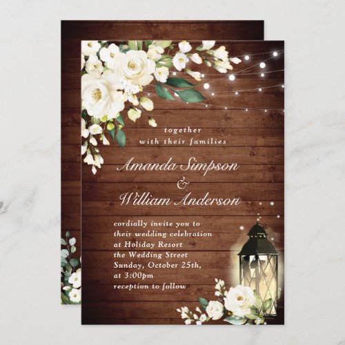 White Roses Rustic Wood Lantern Watercolor Wedding Invitation