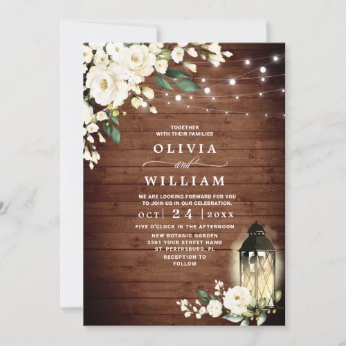 White Roses Rustic Wood Lantern Watercolor Wedding Invitation