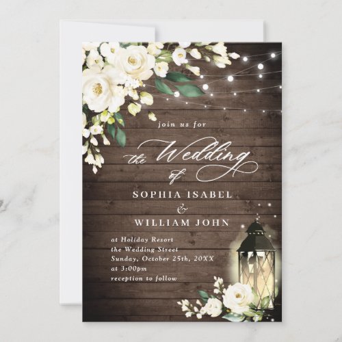 White Roses Rustic Wood Lantern Watercolor Wedding Invitation