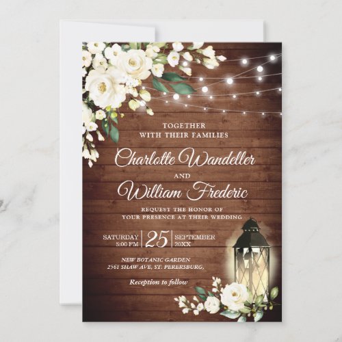 White Roses Rustic Wood Lantern Watercolor Wedding Invitation