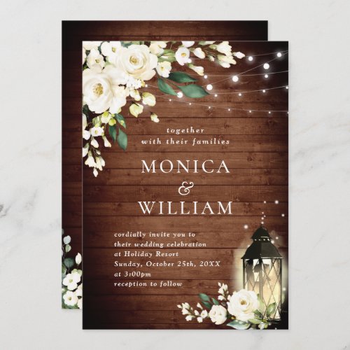 White Roses Rustic Wood Lantern Watercolor Wedding Invitation