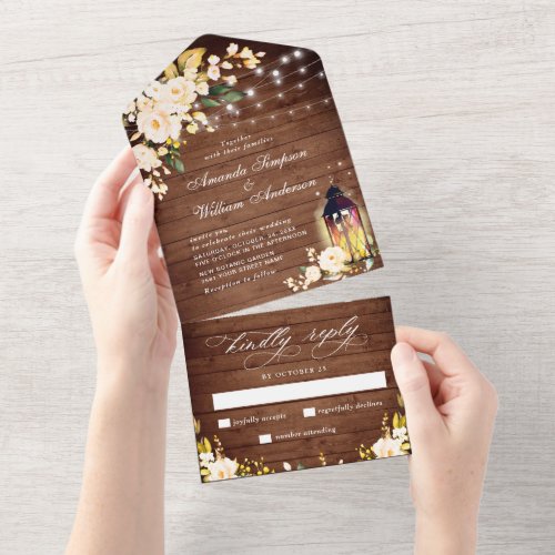 White Roses Rustic Wood Lantern Wedding All In One Invitation