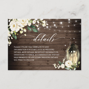 White Roses Rustic Wood Lantern Wedding Details Enclosure Card