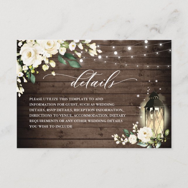 White Roses Rustic Wood Lantern Wedding Details Enclosure Card (Front)