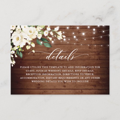 White Roses Rustic Wood Lantern Wedding Details Enclosure Card