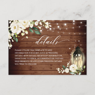 White Roses Rustic Wood Lantern Wedding Details Enclosure Card