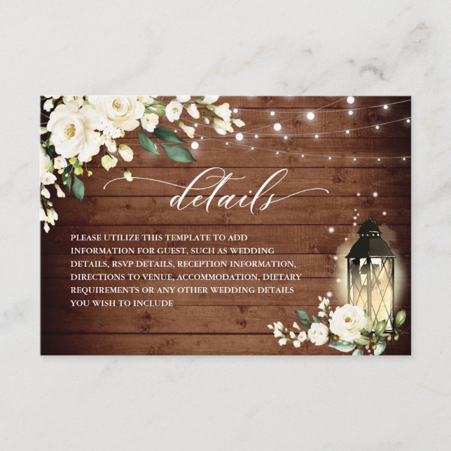White Roses Rustic Wood Lantern Wedding Details Enclosure Card (Front)