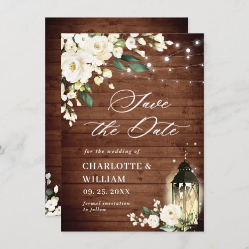 White Roses Rustic Wood Lantern Wedding QR code Save The Date