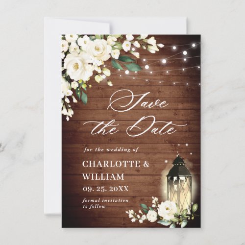 White Roses Rustic Wood Lantern Wedding Save The Date