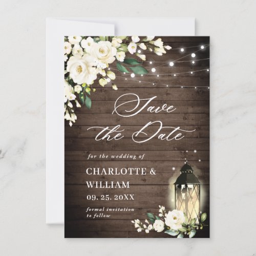 White Roses Rustic Wood Lantern Wedding Save The Date