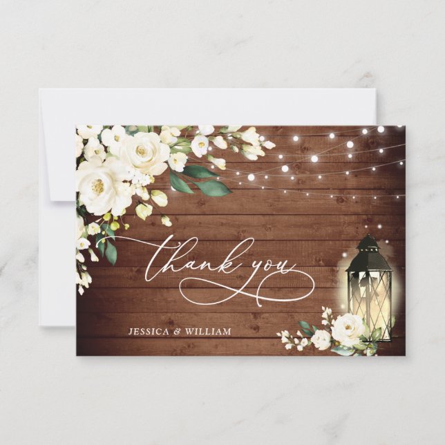 White Roses Rustic Wood Lantern Wedding Thank You Card (Front)
