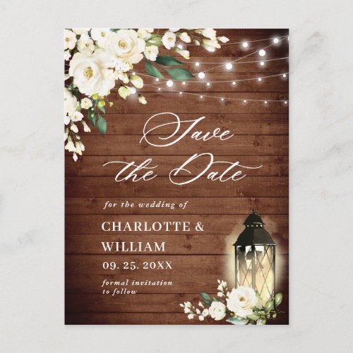 White Roses Rustic Wood Wedding Save the Date Postcard