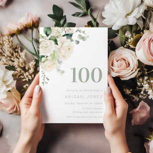 White Roses & Sage 100th Birthday Party Invitation