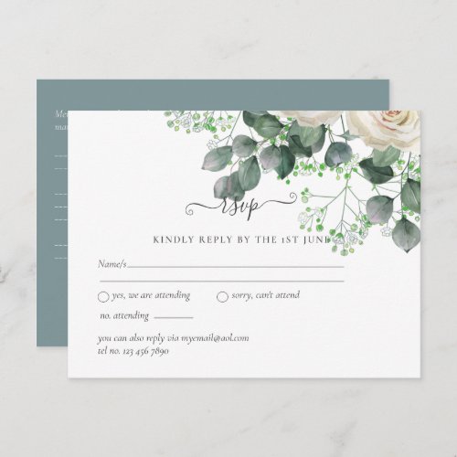 White Roses Sage Eucalyptus Leaves Wedding Budget Postcard