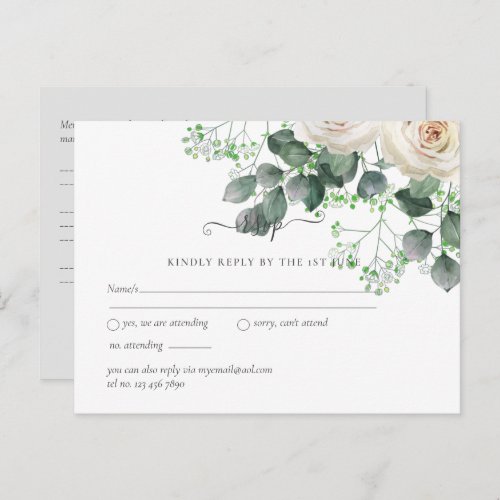 White Roses Sage Eucalyptus Leaves Wedding RSVP Postcard