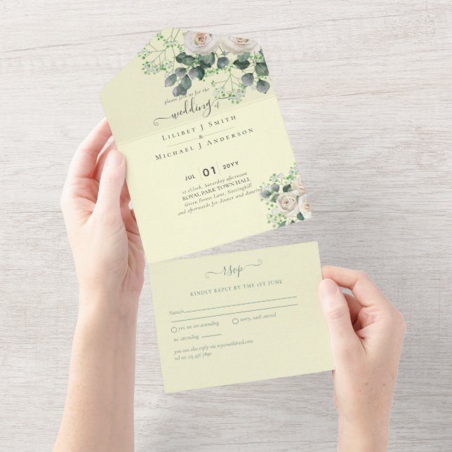 White Roses Sage Eucalyptus Lemon Yellow WEDDING All In One Invitation (Tearaway)