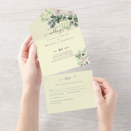 White Roses Sage Eucalyptus Lemon Yellow WEDDING All In One Invitation