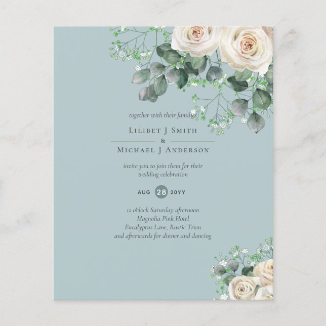 White Roses Sage Eucalyptus Lemon Yellow WEDDING Flyer (Front)