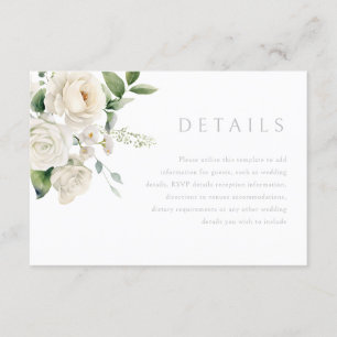 White Roses & Sage Leaf Wedding Details Enclosure Card