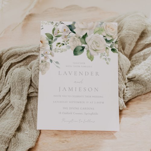 White Roses  Sage Leaf Wedding  Invitation