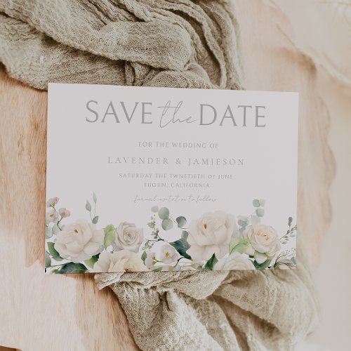 White Roses  Sage Leaf Wedding Save The Date