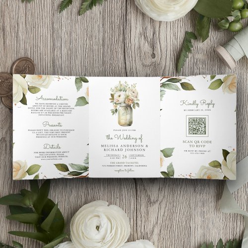 White Roses Sage Leaves Mason Jar QR Code Wedding Tri_Fold Invitation