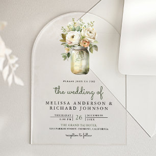 White Roses Sage Leaves Mason Jar Wedding  Acrylic Invitations