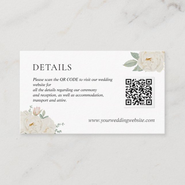 WHITE ROSES SCAN QR Code Wedding Details Enclosure Card (Front)