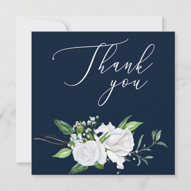 White Roses Script Thank You Navy Blue Card (Front)