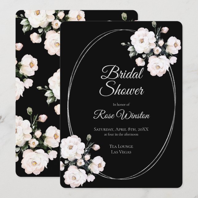 White Roses Silver Rings Black Bridal Shower Invitation (Front/Back)