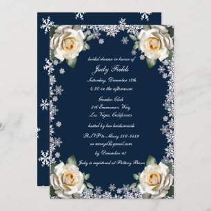 White Roses Snowflake Christmas Bridal Shower Invitation