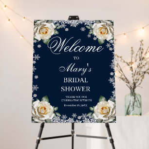 White Roses Snowflake Christmas Bridal Shower Sign