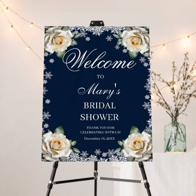 White Roses Snowflake Christmas Bridal Shower Sign (In Situ (Stand))
