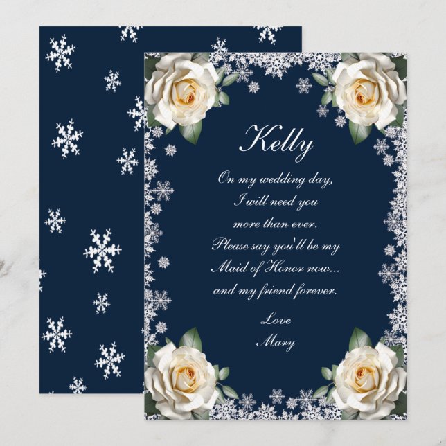 White Roses Snowflake Christmas Maid Of Honor Invitation (Front/Back)