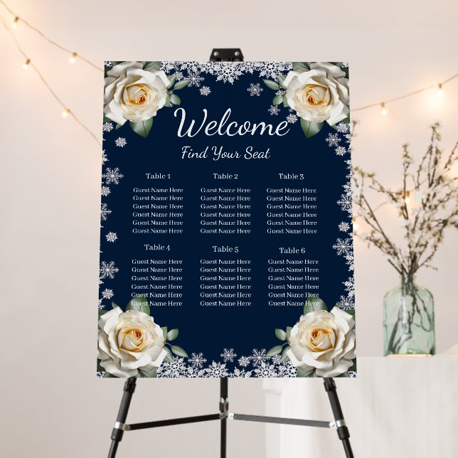 White Roses Snowflake Christmas Seating Chart Foam Board (In Situ (Stand))