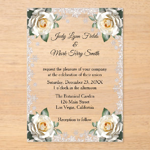 White Roses Snowflake Christmas Wedding Acrylic Invitations