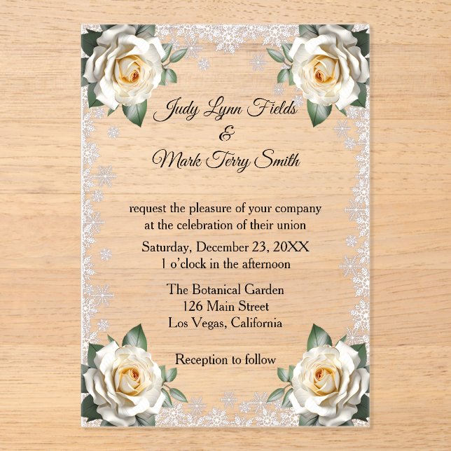 White Roses Snowflake Christmas Wedding Acrylic Invitations (Front)