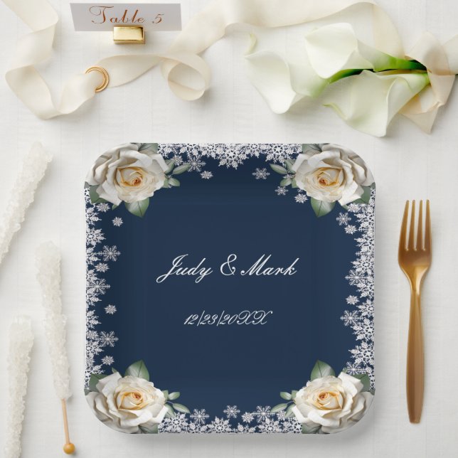 White Roses Snowflake Christmas Wedding Paper Plates (Wedding)