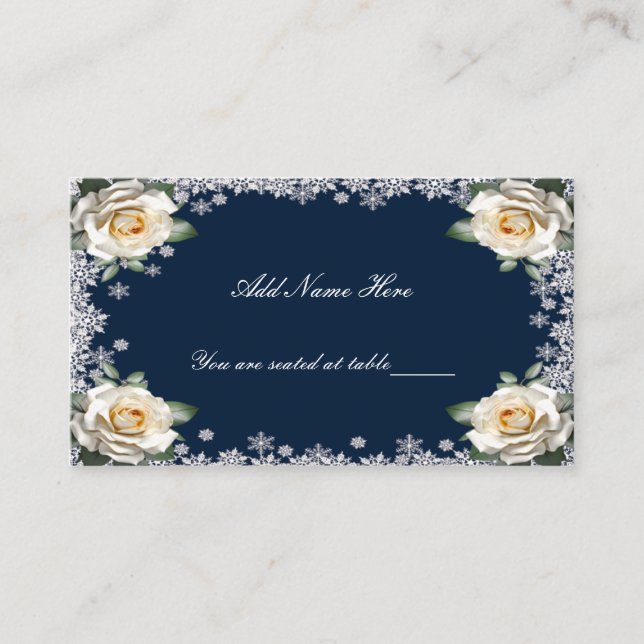White Roses Snowflake Christmas Wedding Table Place Card (Front)