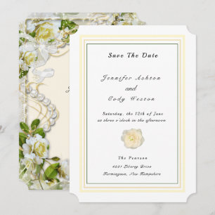 White Roses Sparkle Pearls Personalize Wedding Save The Date