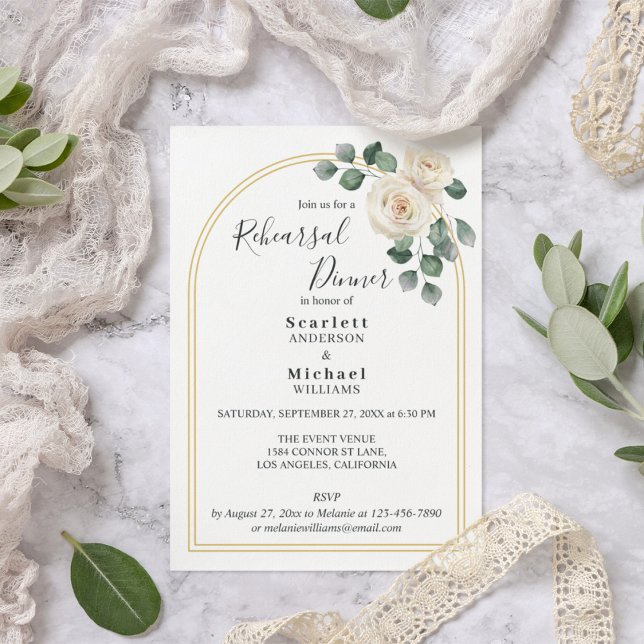 White roses Spring Floral Romantic Wedding (Flat lay spring floral watercolor white roses garden elegant wedding rehearsal dinner invitation)
