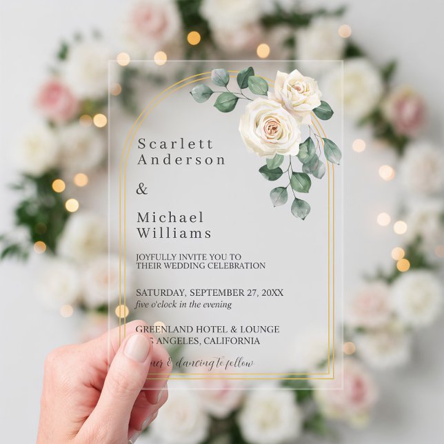 White roses Spring Floral Romantic Wedding Acrylic Invitations (Angled view elegant luxury floral watercolor white roses golden arch wedding acrylic invitation)