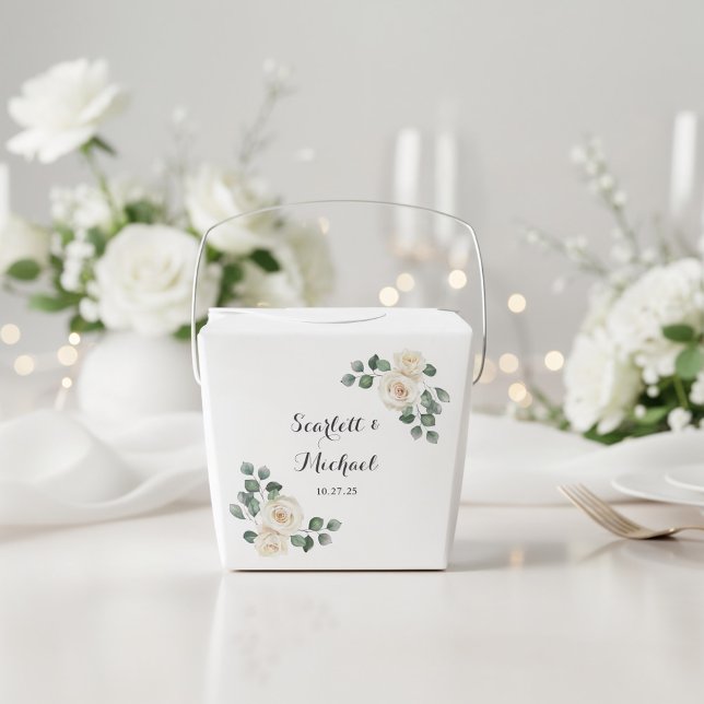 White roses Spring Floral Romantic Wedding Favor Boxes (Front view soft botanical romantic timeless wedding watercolor white roses garden wedding favor box
)