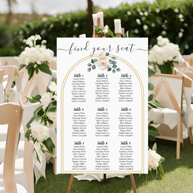 White roses Spring Floral Romantic Wedding Foam Board (Front view elegant luxury classic gold white foliage romantic timeless wedding seating chart)